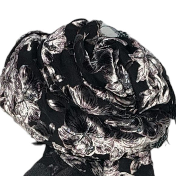Formal scarf Black silver pure silk mesh chiffon rayon silver embroidery  170x50 - Picture 6 of 8